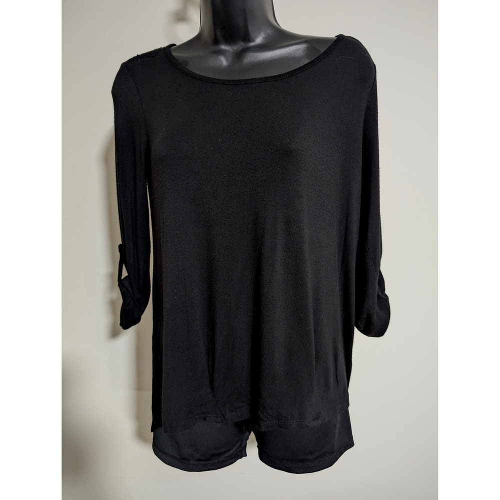 Monteau Blouse Black Crochet Lace Back Roll Tab 3/4 Sleeve Tunic Top Medium